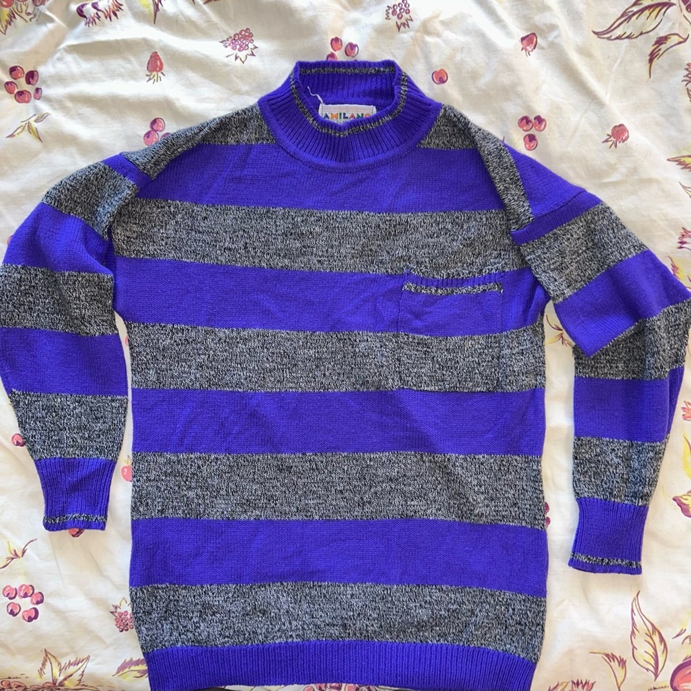 Royal purple gray striped roll neck vintage sweater